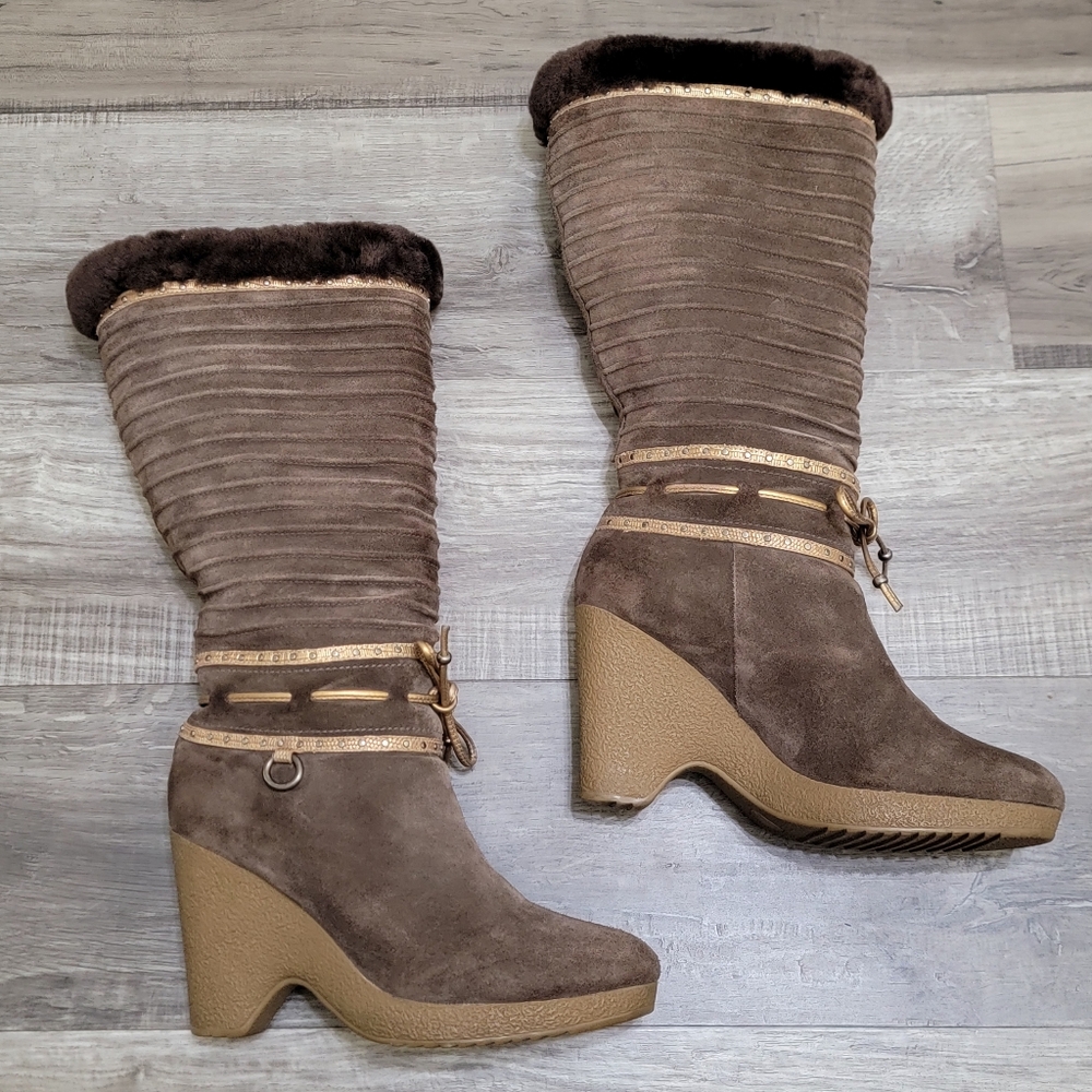 Cole Haan Shearling Lined Suede Wedge Heel Boots